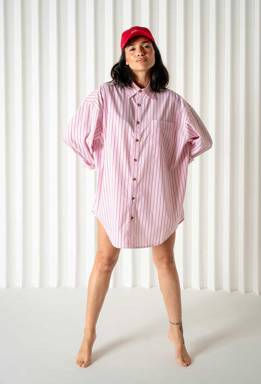 Abbie Oversized Boyfriend Shirt | Pink Rose / Cherry Red