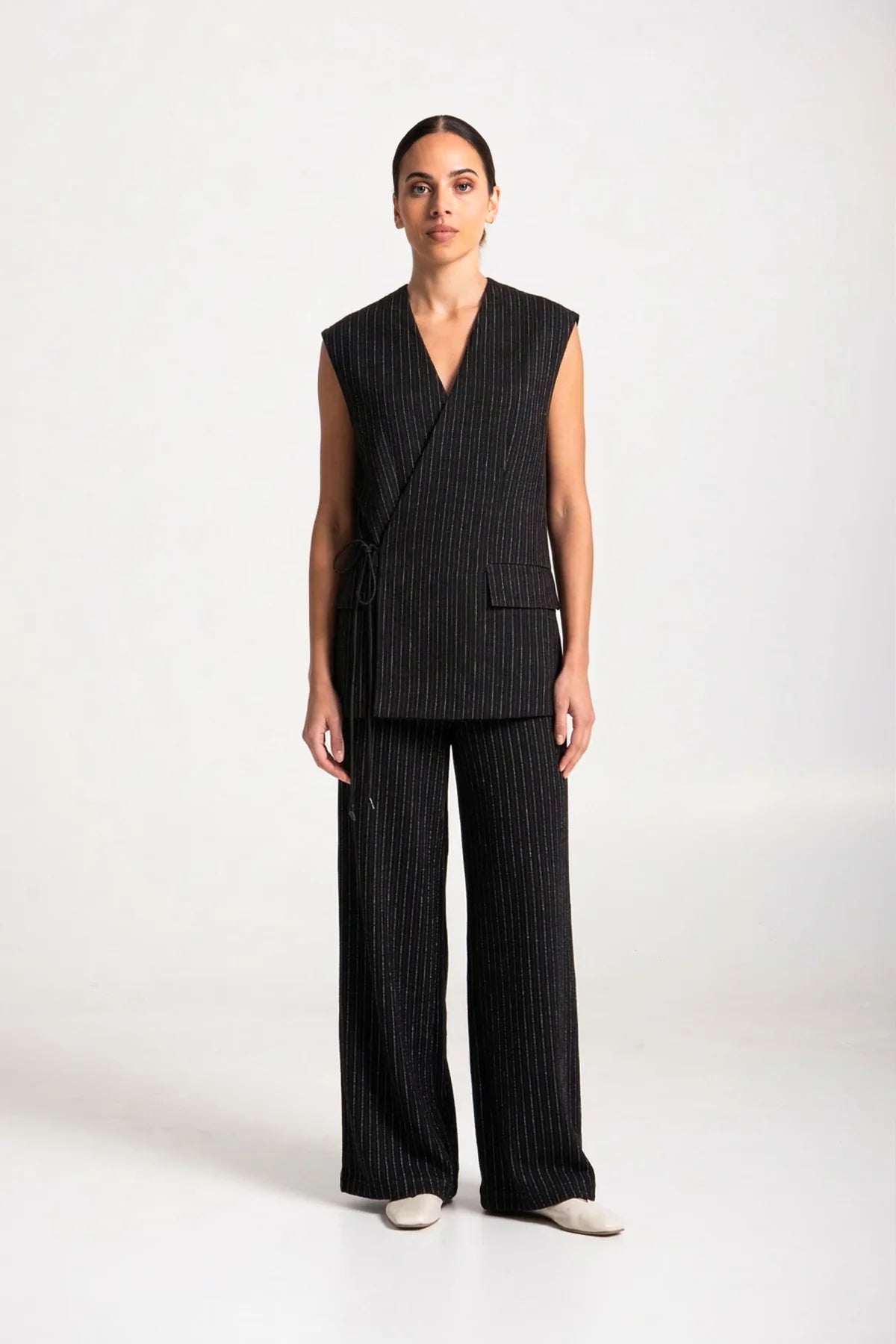 Luss Woven Twill Long Wrap Vest | Pinstripe