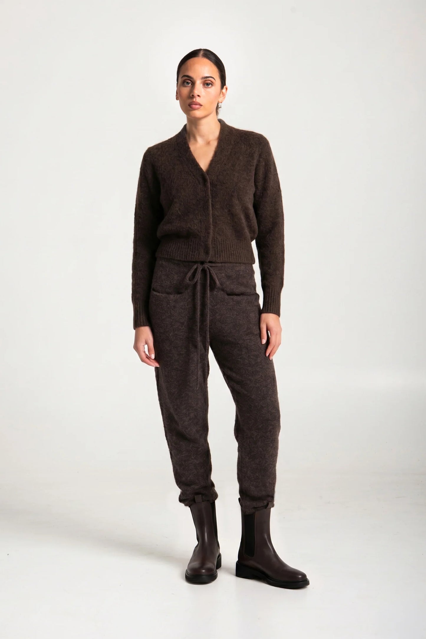 Bosa Alpaca Knit Sculptured Neckline Retro Fit Cardigan | Espresso