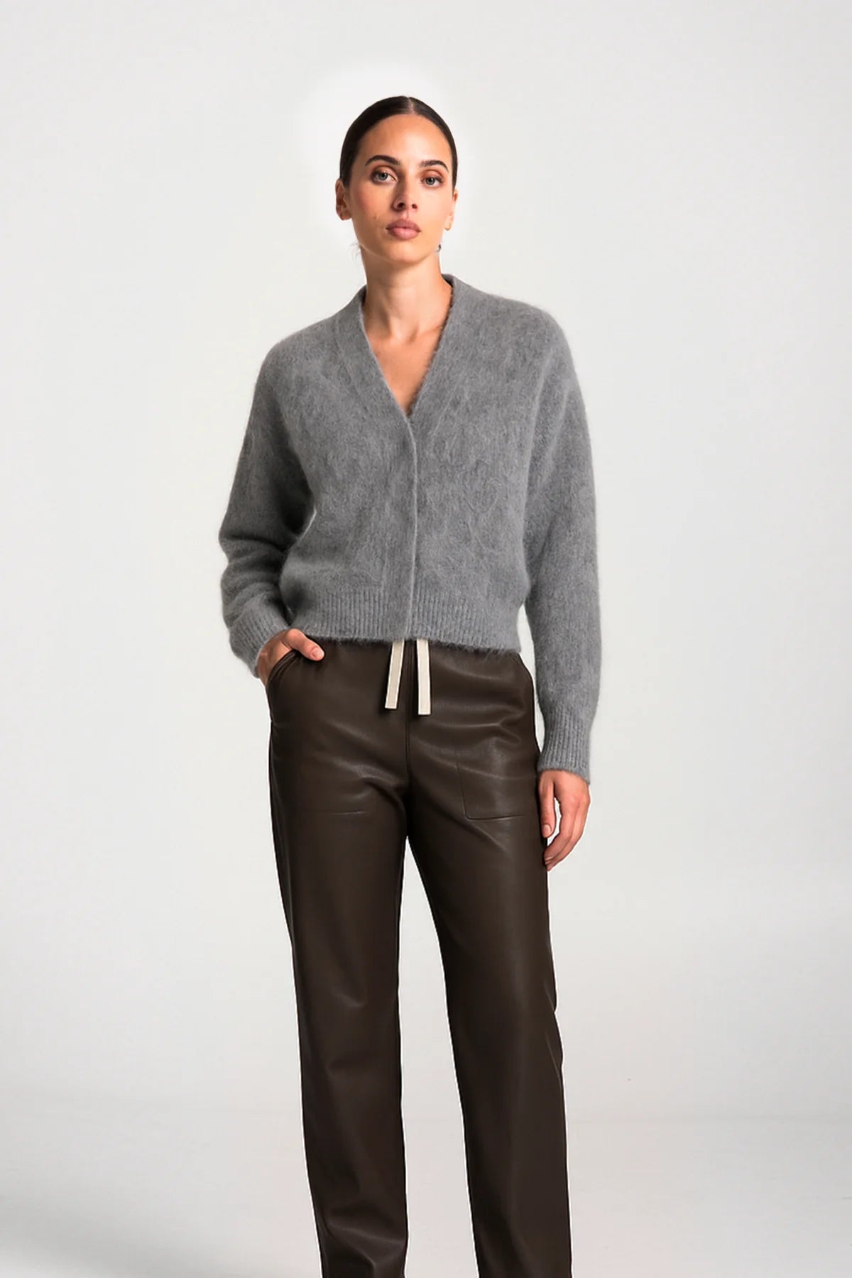 Bosa Alpaca Knit Sculptured Neckline Retro Fit Cardigan | Heather