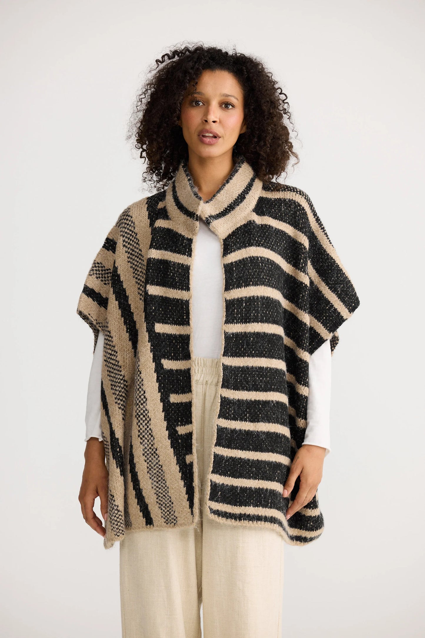 Ador Knit Cape | Black w Cedar Stripe
